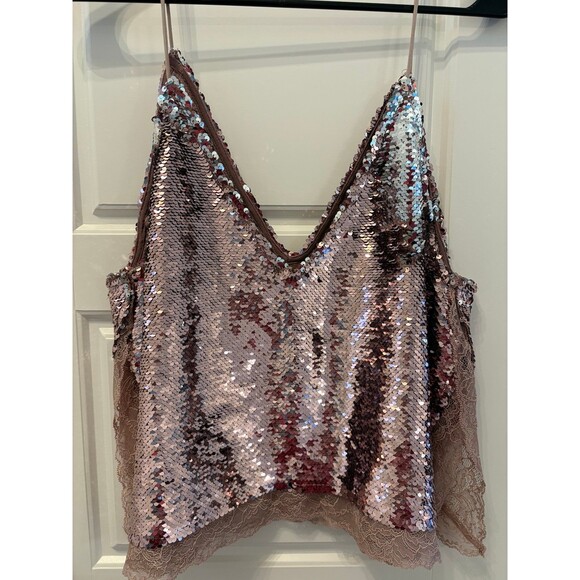 Intimately Free People Pink Sequin and Lace Spaghetti Strap Tank Size Small - Picture 3 of 6